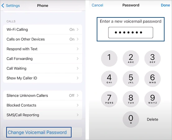 Tap on the change voicemail password option and enter new password