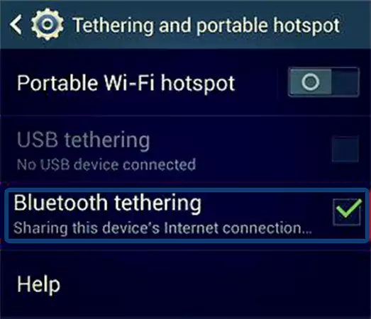 The Bluetooth Tethering option in settings