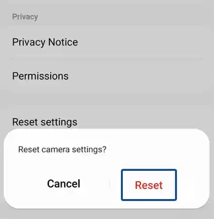  Tap ‘Reset camera settings’ to reset camera settings to defaults.