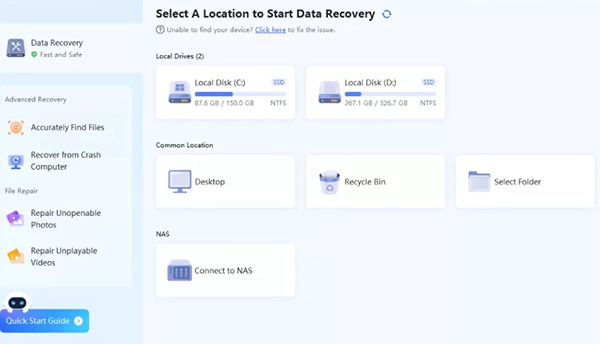 select a location to start data recovery