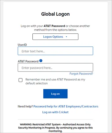 Global Logon page to ATT Sales dashboard