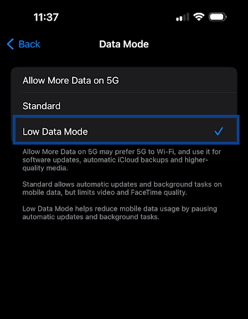 Disable Low Data Mode