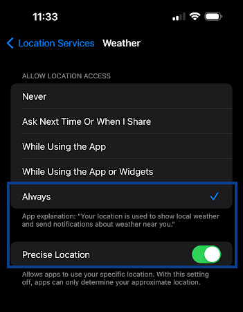 Tap on Always and toggle Precise Location