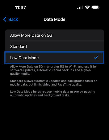 Disable Low Data Modes
