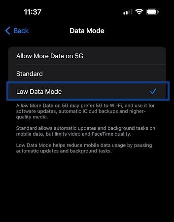 Disable the Low Data Mode