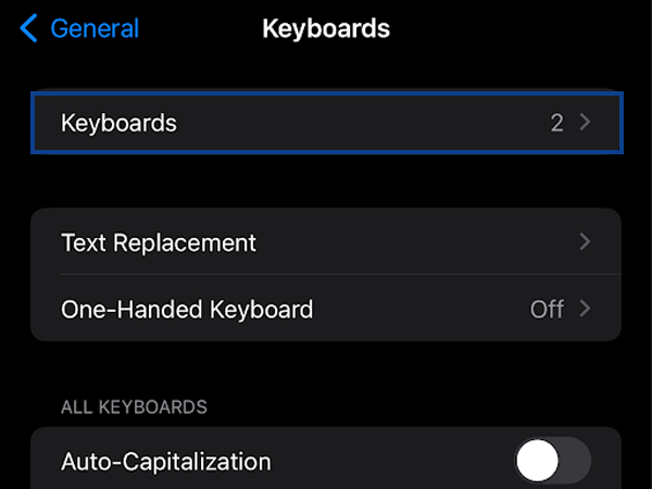 Keyboards option in the settings of iPhones