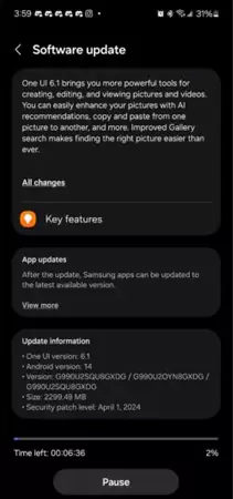 Samsung S21 FE One UI 6.1 Update Screen