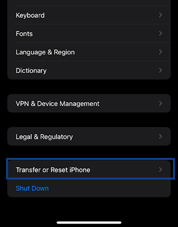 Tap on Transfer or Reset iPhones