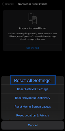 Tap on the Reset All Settings option