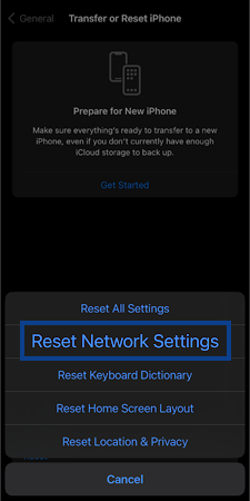 Tap on the Reset Network Settings option
