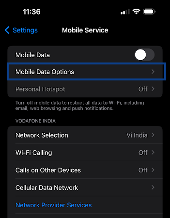 Visit Mobile Service and then Mobile Data Option