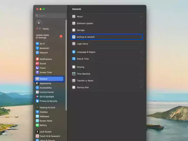 Click on General then AirDrop & Handoff