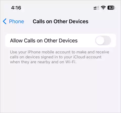 Turn off Allow Calls on Other Devices option