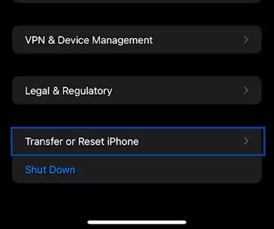 Tap on Transfer or Reset iPhone opt