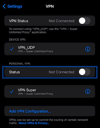 Turn off VPN Statuss