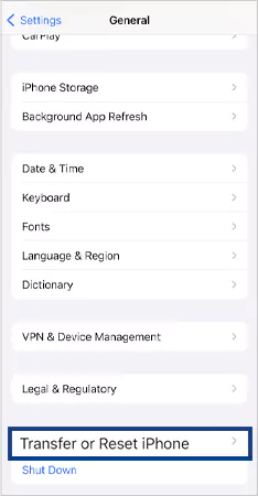Tap on Transfer or Reset iPhone opts