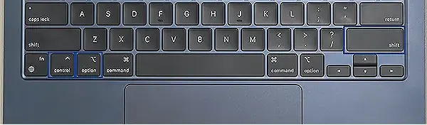 Press and hold Shift + Ctrl + Options keys