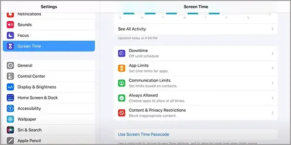 Screen Time menu