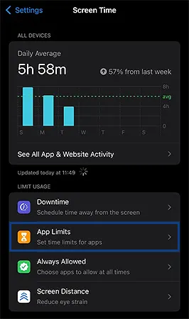 However, if you have already set up Screen Time, you can directly select App Limits.