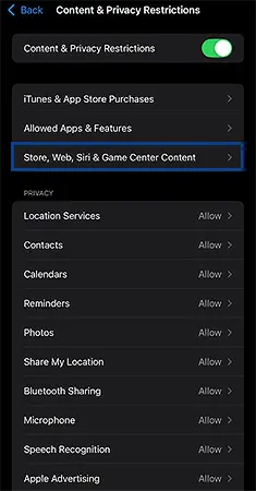 In this menu, hit Store, Web, Siri, & Game Center Content.