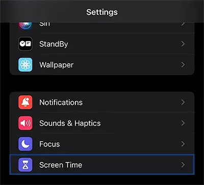 Scroll down, and tap Screen Time.