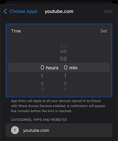 Scroll the timer to put a certain clock in for the amount of time you want to access the webpage.