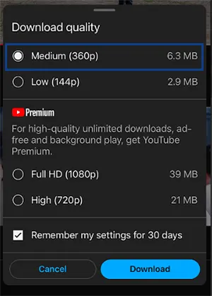 Select download quality