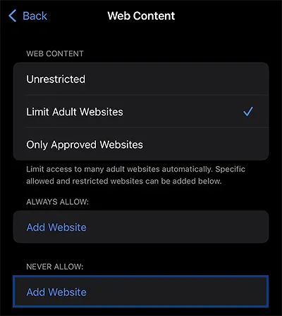Under Never Allow, select Add Website.
