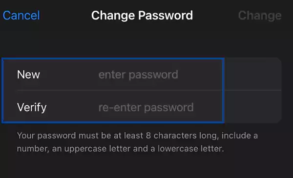 Enter a New Password and verify it by re entering it