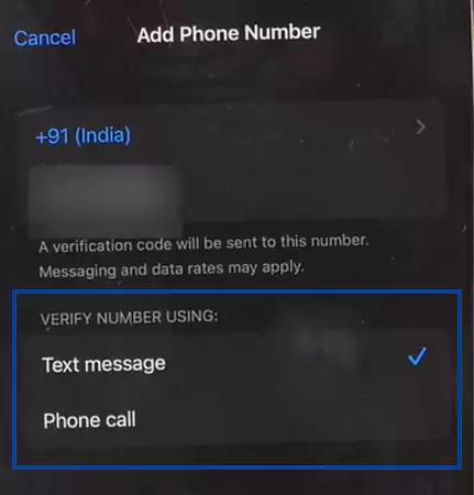 select the method of verifying the new number