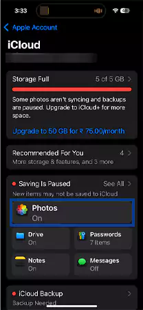 Photos sync on iCloud settings