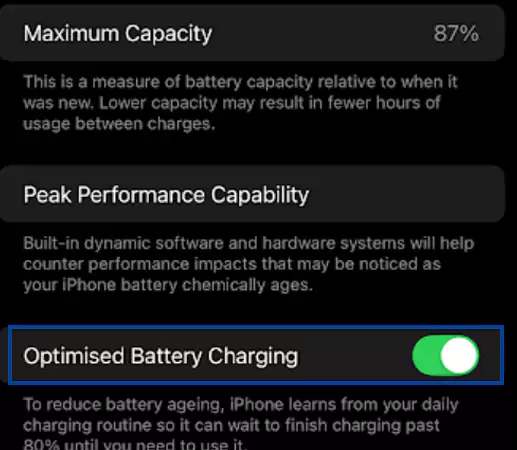 Toggle off the Optimised Battery Charging