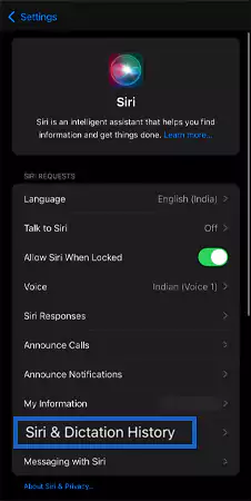 Press on the Siri and Dictation History