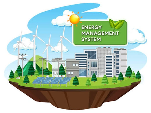 An image titled energy management system with buildings working on solar panels and windmills