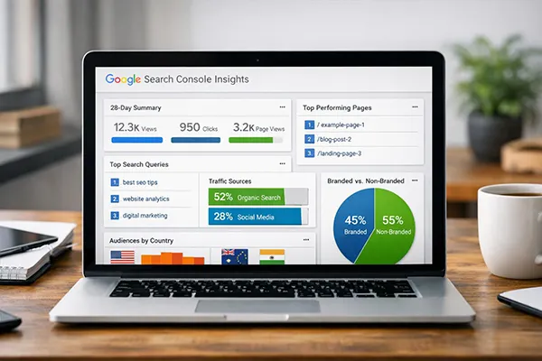 SaaS SEO performance dashboard showing tracking of organic traffic, search intent, and conversion.