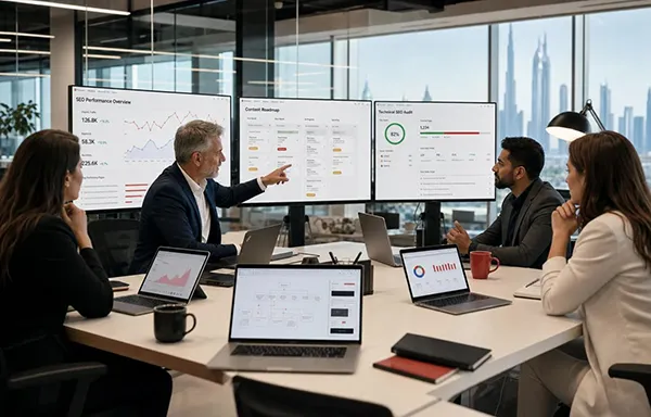 the saas marketing team analysing web analytics, keyword research, and organic search.